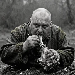 movie still by tarkovsky close - up of a giant obese old bald man eating a leg of lamb in a swamp, mossy, wearing dirty medieval clothes, by night, cinestill 8 0 0 t 3 5 mm b & w, heavy grain, high quality, noir, natural textures, photorealistic, ambient occlusion, hd, dof, mud, fog, heavy rain