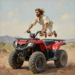 Jesus jumping on a four-wheeler, oil painting