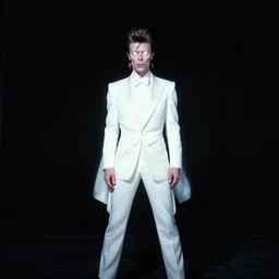 david bowie with glowing white eyes in a white tuxedo standing in rhe middle of a pitch black room staring at the camera