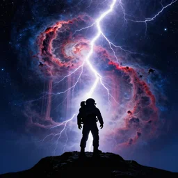 astronaut silhouette on a mountain on beautiful alien world, fractal lightning shooting by, pillars of creation nebula in background, starfield in background, style of Tyler Edlin, style of Tim White, style of Kelly Freas, style of Jim Burns