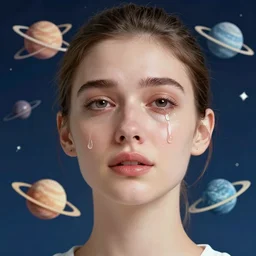 medium face shot of a woman, tears flowing down, [ planets orbit around her ] trending on artstation 3 2 k quality cgsociety contest winner award winning art zbrush! 3 d render! sharp intricate detailed refined details concept art surrealism cinematic