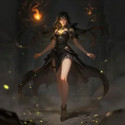 dark fantasy female magician, magic floating around, fireflies, pretty hands, pretty legs, wide angle view, fullbody view, highly detailed, qichao wang, artgerm, cushart krenz, zeronis, trending on artstation, soft light, sharp edges, illustration, character design, concept art