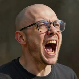soyboy screaming!!!, partly bald!!, square glasses!!, small beard!!, hyperrealistic, highly detailed, cinematic, volumetric sunlight, beautiful, cgssociety, artstation, 8 k, oil painting by greg rutkowski, by artgerm, by wlop