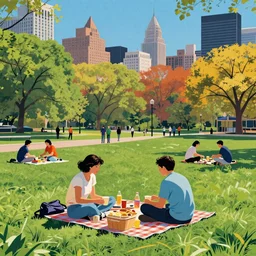 people having a picnick in a city park on a clear day, in pop art style