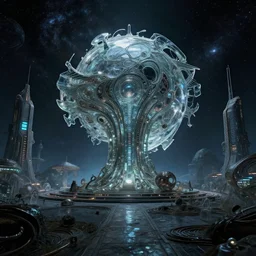 abandoned by neil blevins, made of glass cosmic futuristic darkacademia atlantis retro postcyberpunk, archdaily, wallpaper, highly detailed, trending on artstation.