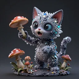 cartoonish portrait of a cat zombie turning into flowers and mushrooms, covered in crystals and glitter, dramatic lighting, sculptural, intricate detail