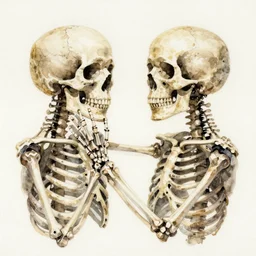 skeleton holding and staring a skull, watercolor painting