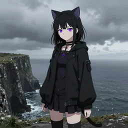 1 7 - year - old pale - skinned persian girl with black long bob cut, black gothic jacket, purple eyes, psychic girl, cat girl, cat ears, standing on cliff along the irish coast, overcast gray skies, anime, anime hd, cinematic anime