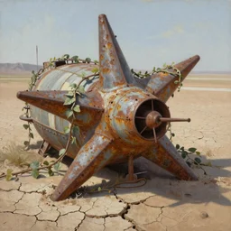 closeup of rusty starship, vine covered, desert, cracked dry lake bed, by paul lehr, highly detailed,soft lighting, film grain, medium format, 8k resolution, oil on canvas