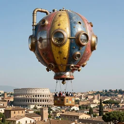 large colorful futuristic space age metallic steampunk steam powered balloons with pipework and electrical wiring around the outside, and people on rope swings underneath, flying high over the beautiful medieval rome city landscape, professional photography, 8 0 mm telephoto lens, realistic, detailed, photorealistic, photojournalism