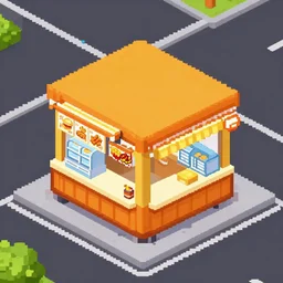 isometric pixel art one small orange street food shop in the form of a small house near the highway that looks open with a yellow exterior and then there are several freezers in the shop, with posters of nuggets and sausages