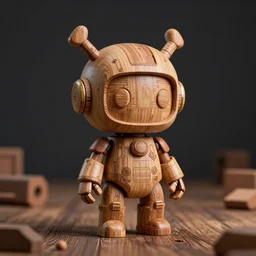 realistic a wooden sculpture art toys collectible very cute figurine robot mascot cyberpunk style popart