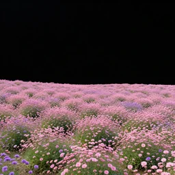 a utopian landscape with pink and purple flowers, black sky, in the style of Ma Yuan