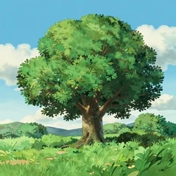 a landscape of a single tree with bushes nearby, studio ghibli, castle in the sky, animated, anime, illustrated, vibrant, bypeter chung, background on artstation