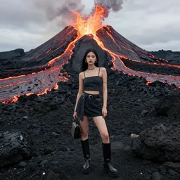 fashion portrait in erupting volcano lava. wide angle shot. highly detailed.