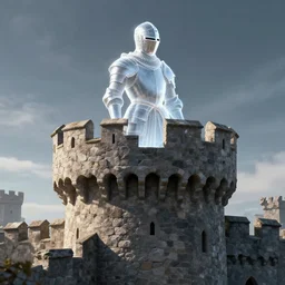 translucent knight medieval knight that is translucent transparent on top of medieval castle tower, digital art, artstation, detailed