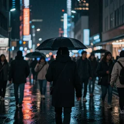 A black figure walks through a colorful crowd of people in the city, night, rain