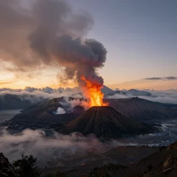 landscape photography by marc adamus, volcano erupting, sunset, dramatic lighting, smoke, glacial lake clouds, beautiful,