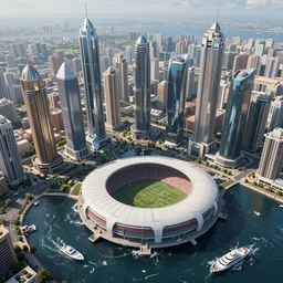 various futuristic skyscrapers, city with a soccer stadium, navy blue lake with many small boats and big yachts, turbulent water, artstation, digital art, photorealistic, hyperdetailed, beautiful, epic scene, dramatic lighting, aerial view,