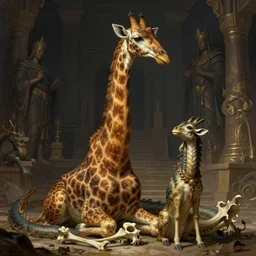 portrait of fantasy beast giraffe - dragon - wyrm hybrid, underneath laying bones, big beast pet sitting next to him, dark gods ancient temple in the background, illustration concept trending pixiv fanbox by wlop and greg rutkowski and caravaggio and rosa bonheur, and william harnett