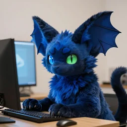 a blue - and - black male catbat fursona with blue / green heterochromatic eyes ( one blue, one green ) and huge bat ears, photo of the catbat streaming on his computer