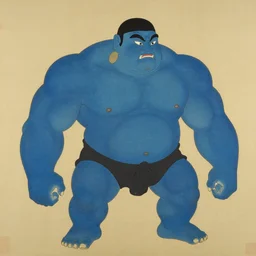 muscular genie with blue skin covered in oil in Style of korean traditional folktale painting by Shin Yun-bok; Sin Yun-bok ; 8k resolution