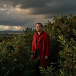 Dexter Morgan dressed in red, hiding in the bushes, dreamy landscape