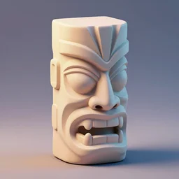 a detailed octane render of a tiki head 3 d cuboid isometric, volumetric lighting, 3 quarter view, ray tracing, dramatic lighting, unreal engine 5, global illumination, physical based render. balanced and aesthetically pleasing pastel colors.