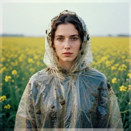 a closeup portrait of a woman wearing a cloak made of plastic and mud, in an infinite landscape of flowers, photograph by edward hopper, canon eos c 3 0 0, ƒ 1. 8, 3 5 mm, 8 k, medium - format print