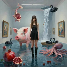 painting of a tall emo girl wearing long black boots in a flooded art gallery, a giant pig, pomegranates, octopus, cephalopods, flooded, floating sculptures, art on the walls, fish, zen, waterfall, black swans, canoe, berries, surrealist, by magritte and monet