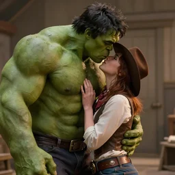 mark ruffalo the hulk kissing a cute cowboy, cinematic volumetric lighting f 8 aperture cinematic eastman 5 3 8 4 film photorealistic by greg rutkowski by stanley artgerm by alphonse mucha
