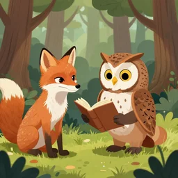 a fox is listening to a wise owl. the owl is reading from a book. in a fairytale forest