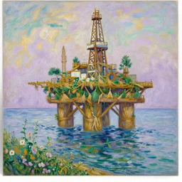 A beautiful painting of an offshore oil rig made by pine needles, overtaken by vines and flowers on the coast by edvart munch and claude monet, green and lilac and gold color scheme