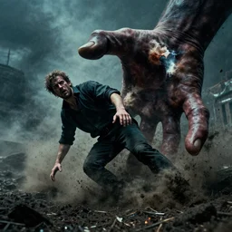 man being dragged into hell by a giant hand coming out from the ground, 8 k, cinematic