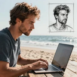 storyboard sketch image of man working on laptop at sunny beach, perfect face, fine details