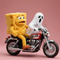 a color still from a weird 1972 kids tv show where a sad cheese puppet and a motorcycle ghost play in a jug band