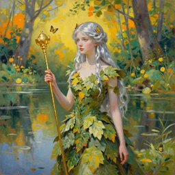 fey queen of the summer forest, dress of leaves, fine features, holding a golden scepter, thin, young, silver shimmering hair, butterflies, by brian froud, bright orange yellow green, colors reflecting on lake, oil on canvas, oil panting