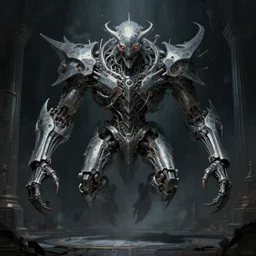 professional concept art of a symmetrical! ominous floating!!! mechanical steel terrifying!! giant monster!! thing in a dark room by artgerm and greg rutkowski. an intricate, space, elegant, highly detailed digital painting, concept art, smooth, sharp centred focus, illustration, cubism, in the style of cam sykes, wayne barlowe, igor kieryluk.