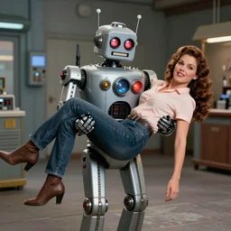 a 50's sci-fi robot carrying a woman
