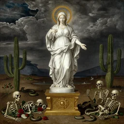 michael angelo painting of glowing elegant ornamented virgin saint skull face dressed rococo standing over a roman gold-made pedestal in a barren land with cactus. stormy weather. apocalypsis. skleletons roses and serpents on the floor
