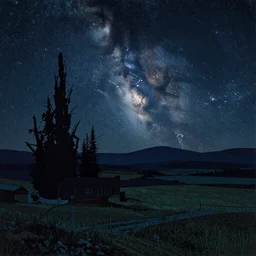 Beautiful, haunting, detailed landscape, night time with milky way visible in the background, Bauhaus style painting