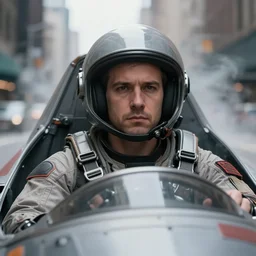 closeup portrait of a man piloting a spaceship in a smoky new york street , by Annie Leibovitz and Steve McCurry, natural light, detailed face, CANON Eos C300, ƒ1.8, 35mm, 8K, medium-format print