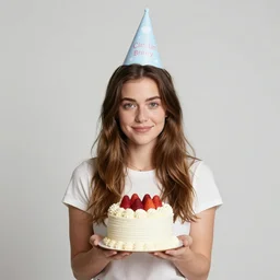 portrait photo still of isla fisher holding a small cake, wearing a birthday hat, in front of a house on fire, 8 k, 8 5 mm f 1. 8