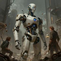 an illustration of consciousness emerging in a large language mobile model ai humanoid robot in the style of greg rutkowski and drew struzan and algernon blackwood, realistic digital painting, brutalist futuristic, steampunk lighting