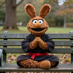 an extremely fluffy brown velveteen muppet with rabbit ears and wearing a dark ninja robe with a red belt and practicing her meditation in nature on a park bench, photorealistic, photography, ambient occlusion, rtx, national geographic, sesame street