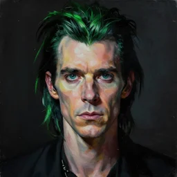 a portrait of nick cave with green hair, masterpiece, dramatic lighting, stunning painting by jakub rebelka