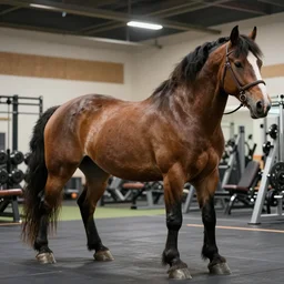strong cart horse with big muscles in a gym, turning right by 8 0 *