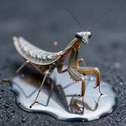 award winning close up macro photo of a deadly mantis draped in highly reflective liquid mercury.