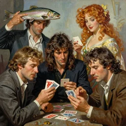 A mixed media portrait painting of exactly four men playing cards, trout, by Boris Vallejo, Beeple, Frank Frazetta, Greg Rutkowski, Christian MacNevin, Alphonse Mucha, epic fantasy character art, high fantasy, CGsociety, 60's Sci-fi Pinup style, exquisite detail, post-processing, masterpiece, cinematic