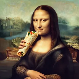 Mona Lisa eating a burrito, and enjoying it, ultrarealistic, 8k, octane render